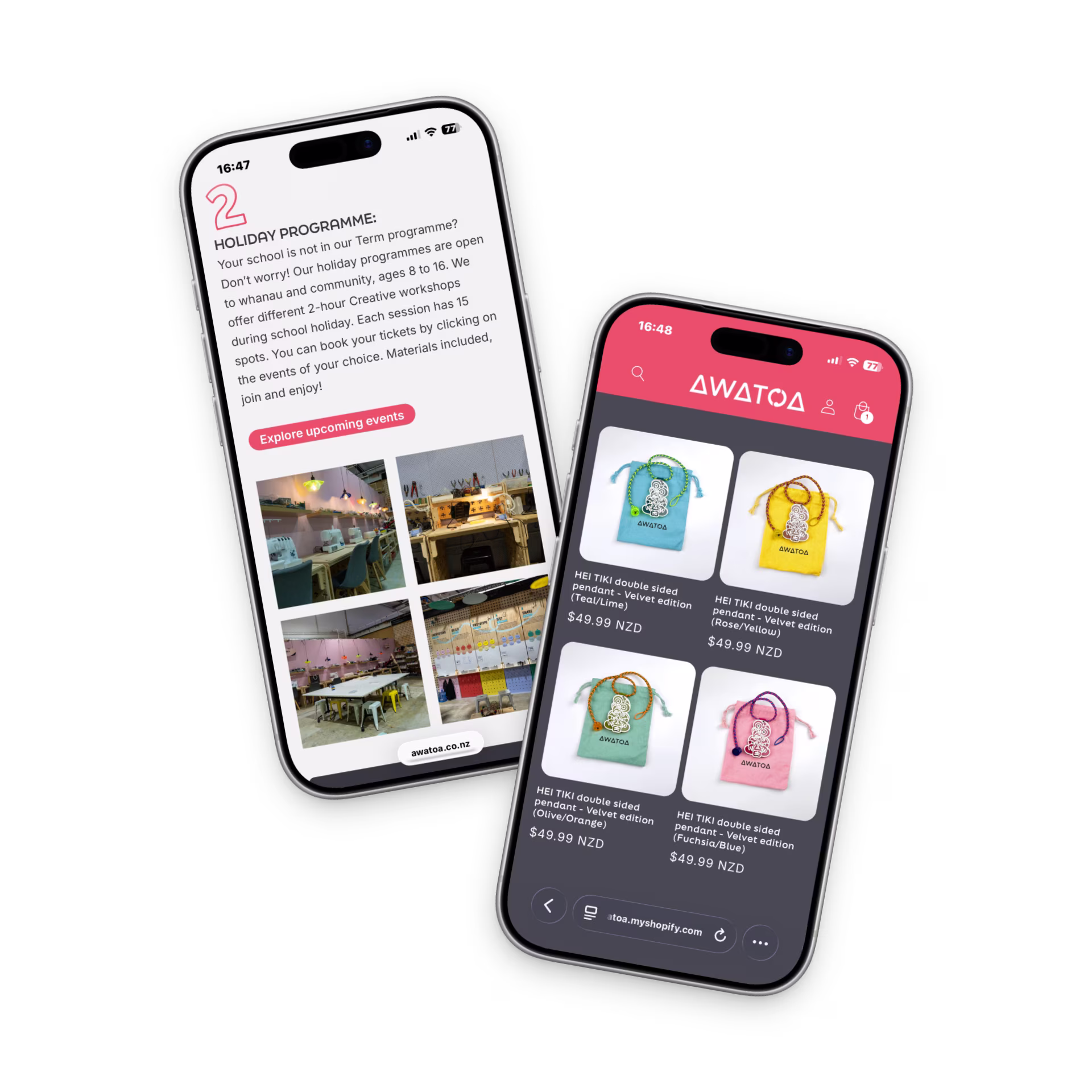 AWATOA events and online shop pages shown on two mobile phones