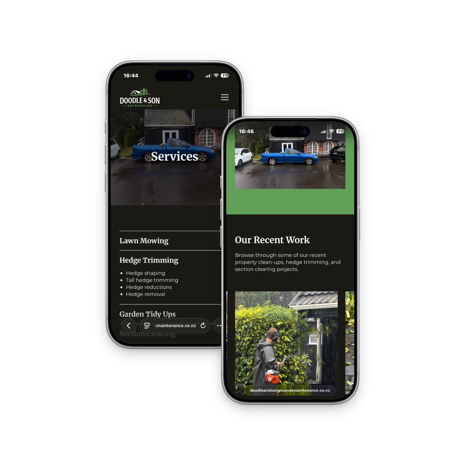 Doodle and Son services and recent work pages shown on two mobile phones