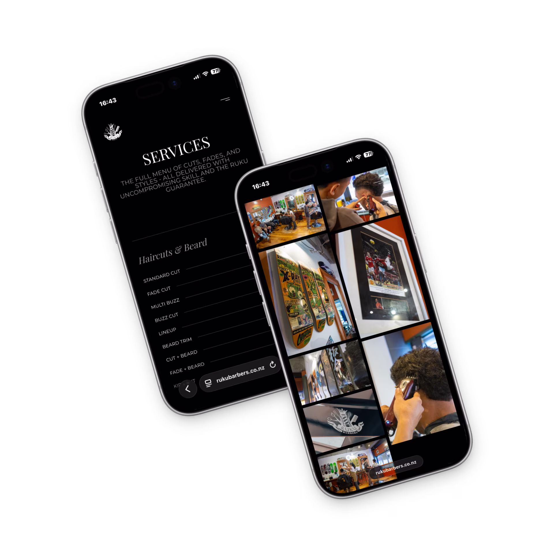 Ruku Barbers services and gallery pages shown on two mobile phones