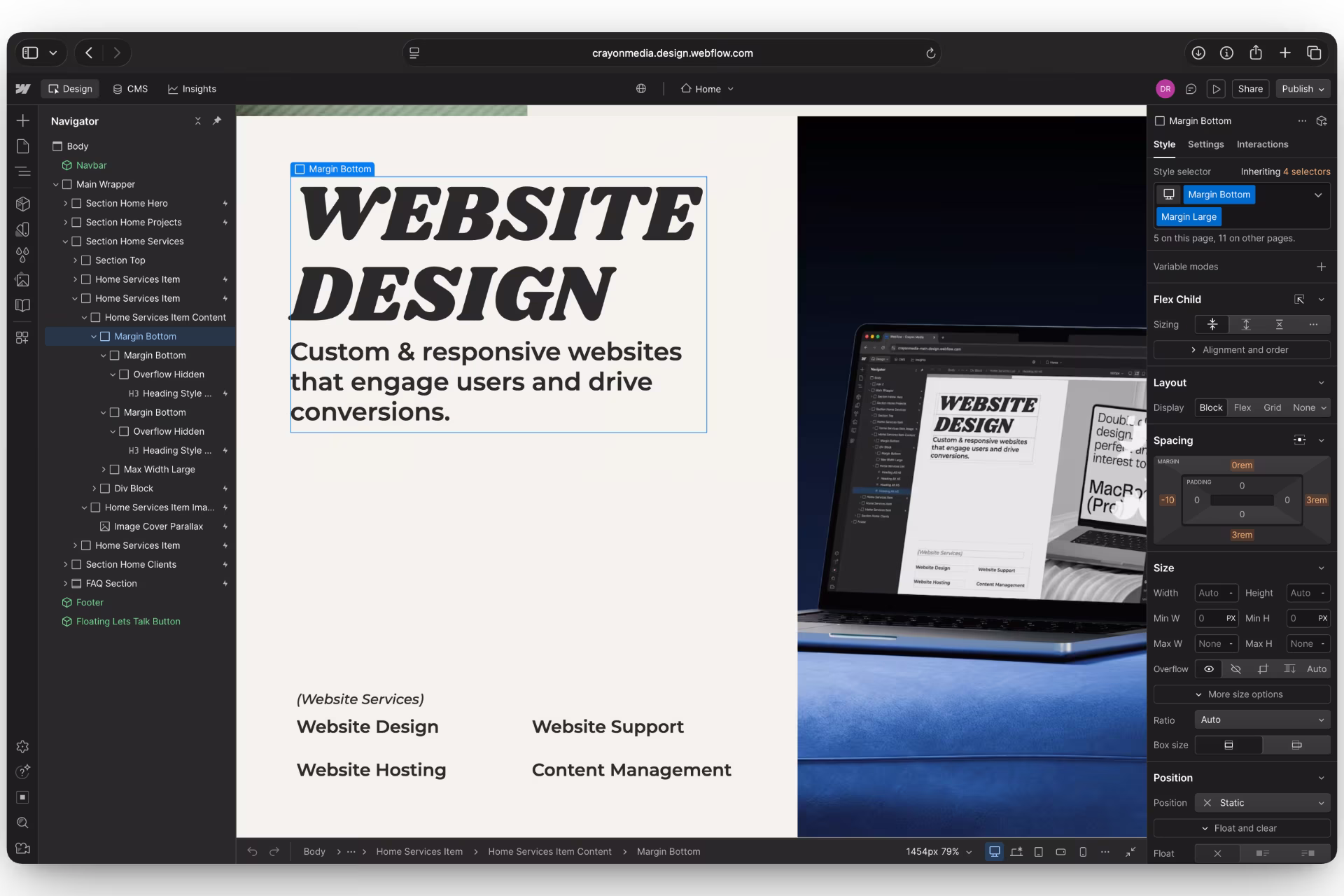 Website design work shown in a desktop design editor