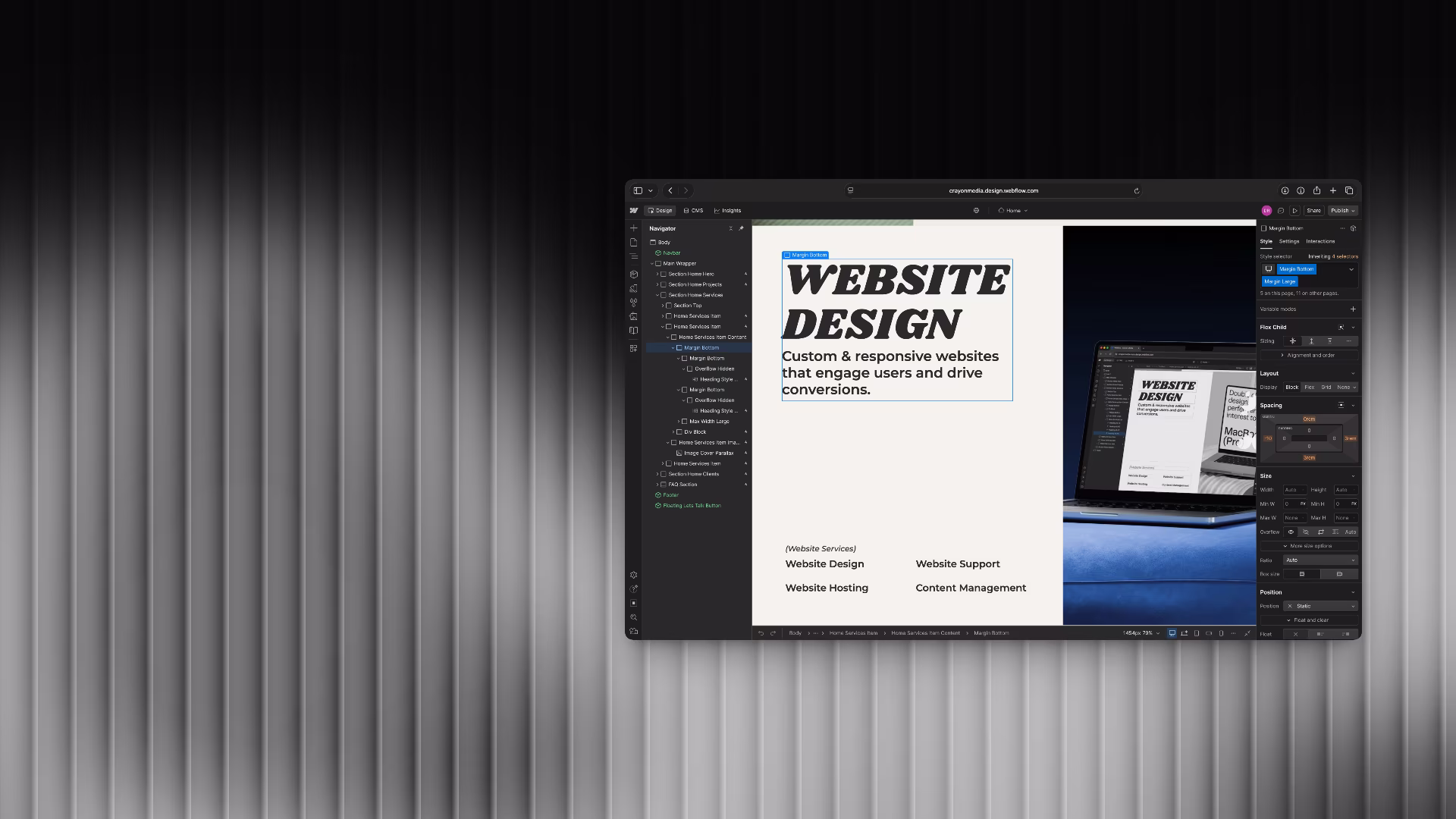 Website design work shown in a desktop design editor