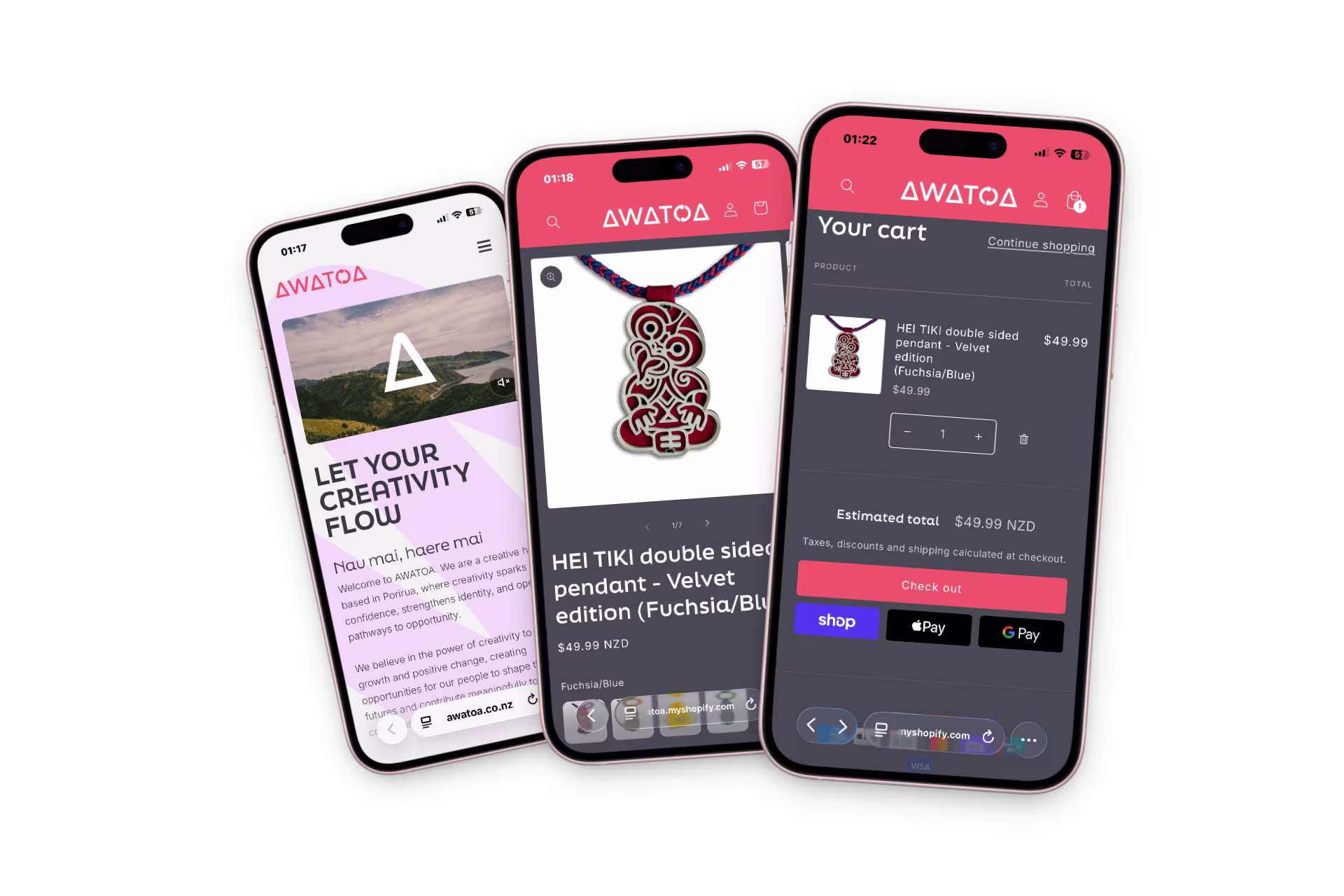 AWATOA website shown across three phone screens