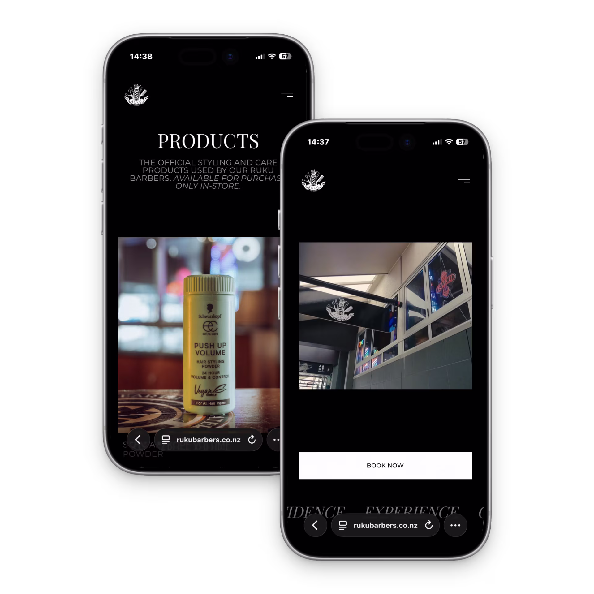 Ruku Barbers mobile website mockup shown on two phones